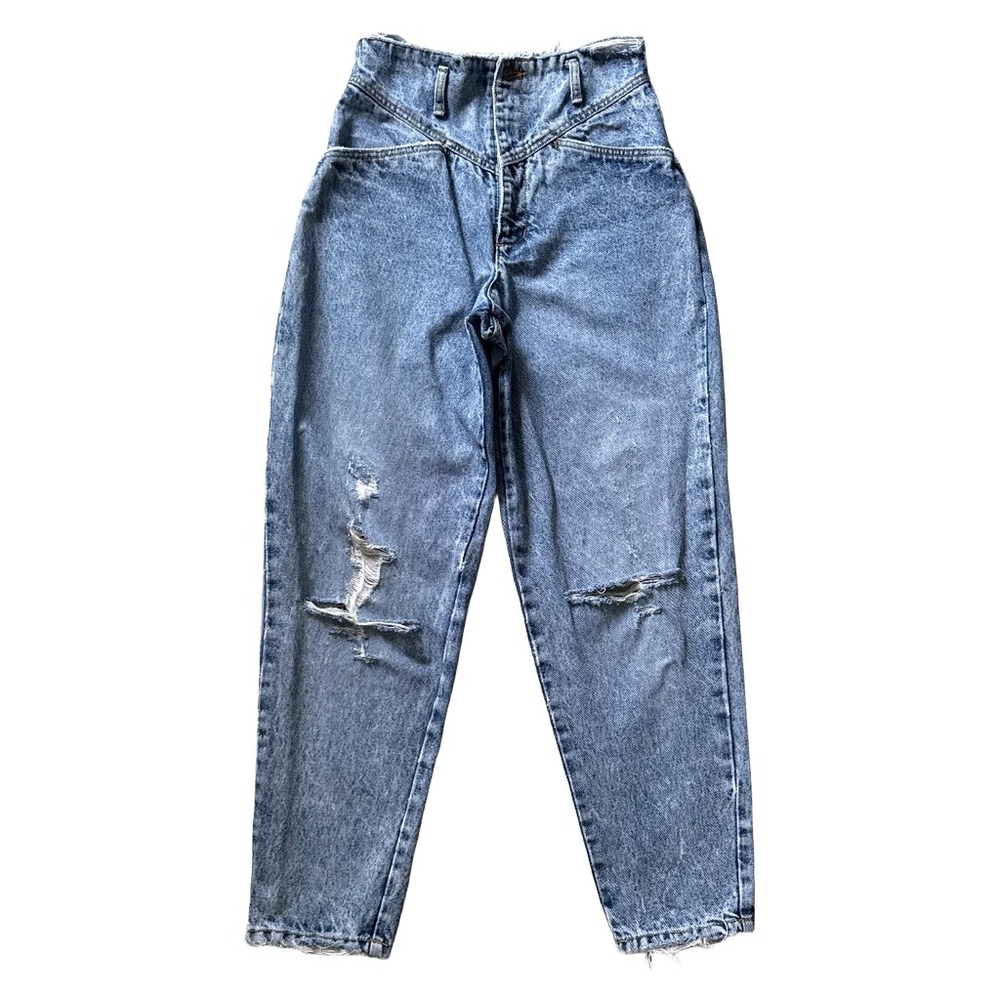 Vintage Rio High Waist Acid Wash Distressed Tapered Mom Jeans V-Yoke 80s 90s 27"